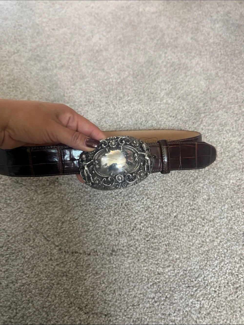 Brown Croc-Embossed Leather Belt with Ornate Silver Buckle